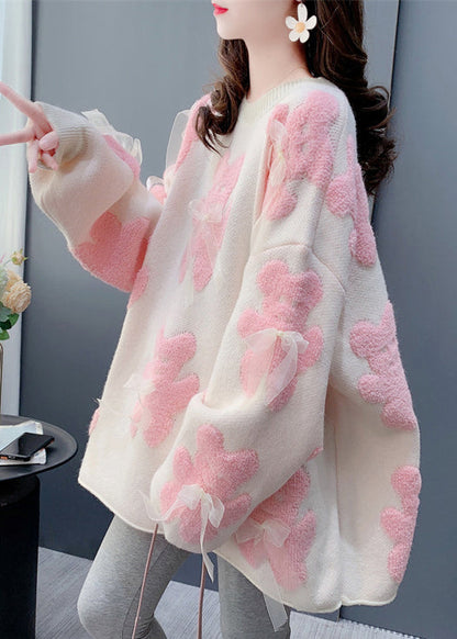 Jacquard White O-neck Bow Cozy Knit Sweater Spring