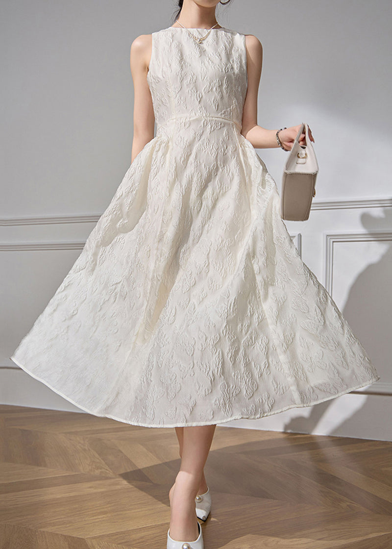 Jacquard White O-neck High Waist Cotton Long Dresses Sleeveless