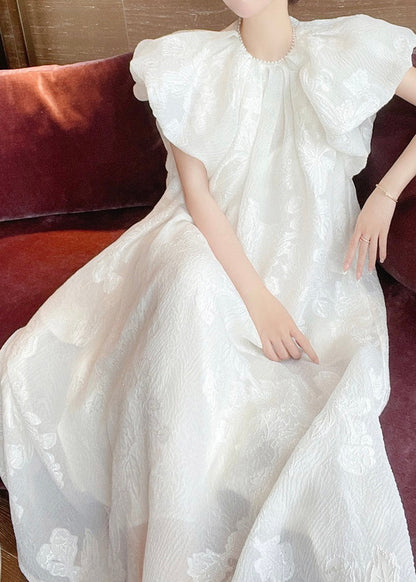 Jacquard White O-neck Silk Long Dresses Short Sleeve