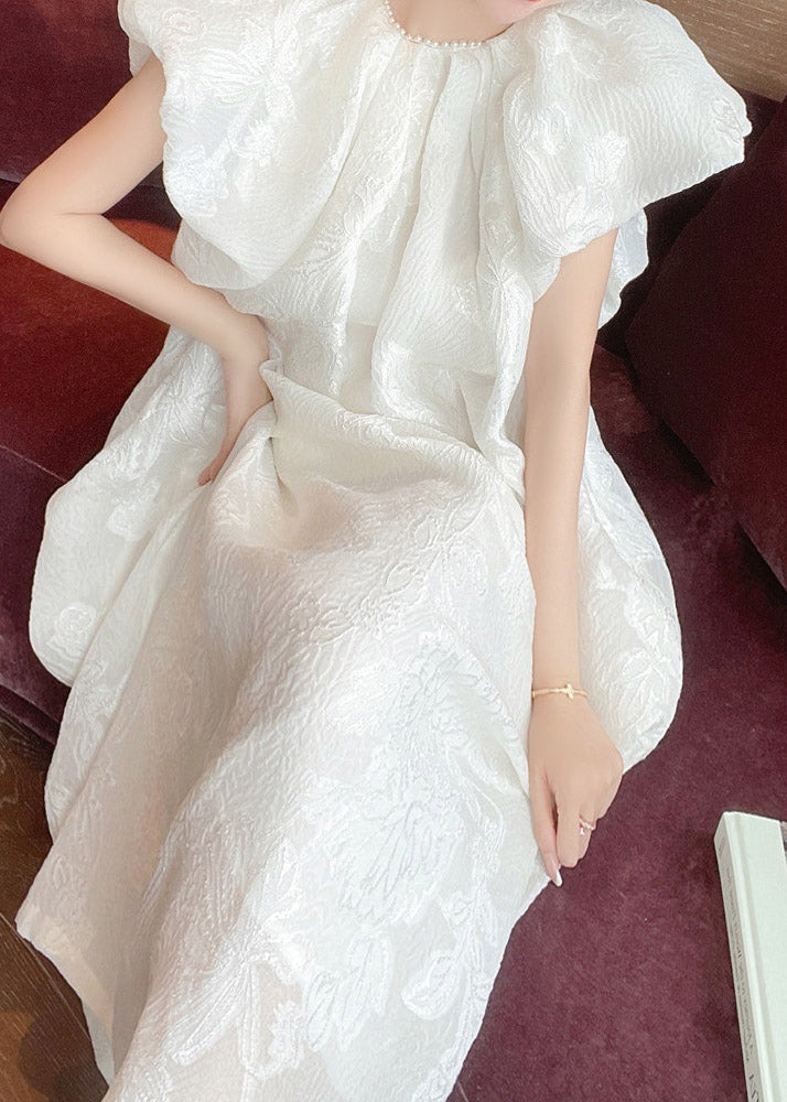 Jacquard White O-neck Silk Long Dresses Short Sleeve