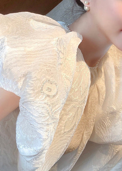 Jacquard White O-neck Silk Long Dresses Short Sleeve