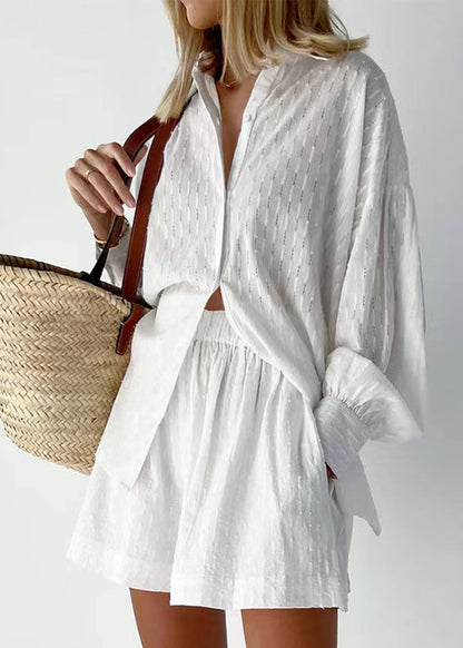 Jacquard White Peter Pan Collar Button Cotton Shirt and Shorts Two Piece Set Summer