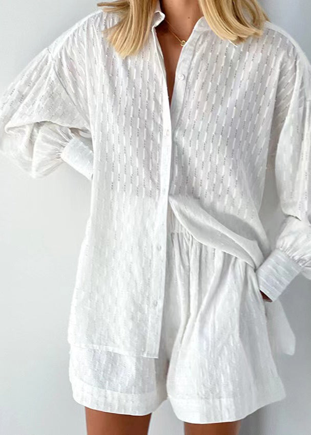 Jacquard White Peter Pan Collar Button Cotton Shirt and Shorts Two Piece Set Summer