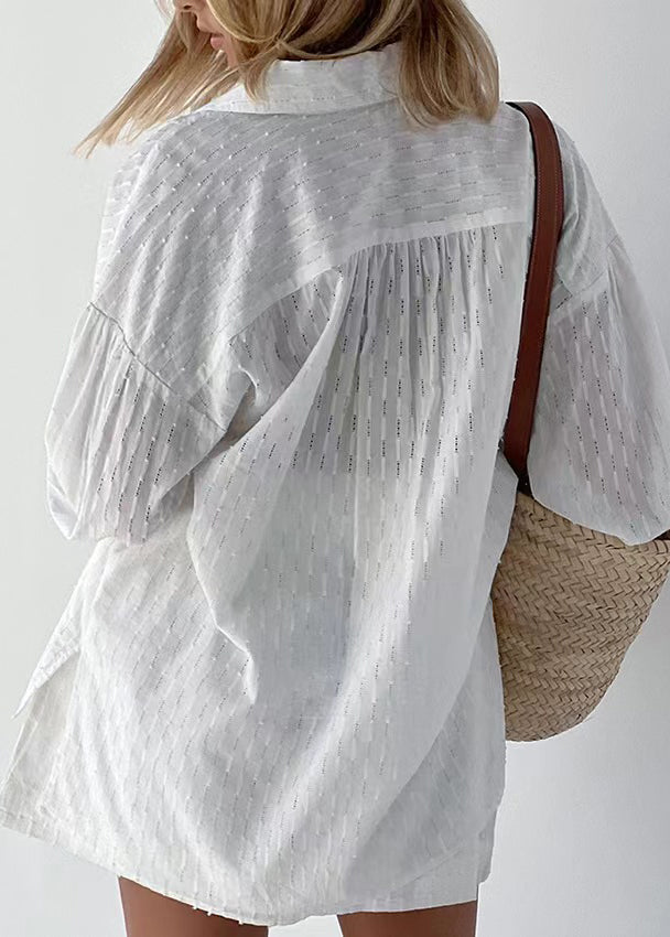 Jacquard White Peter Pan Collar Button Cotton Shirt and Shorts Two Piece Set Summer