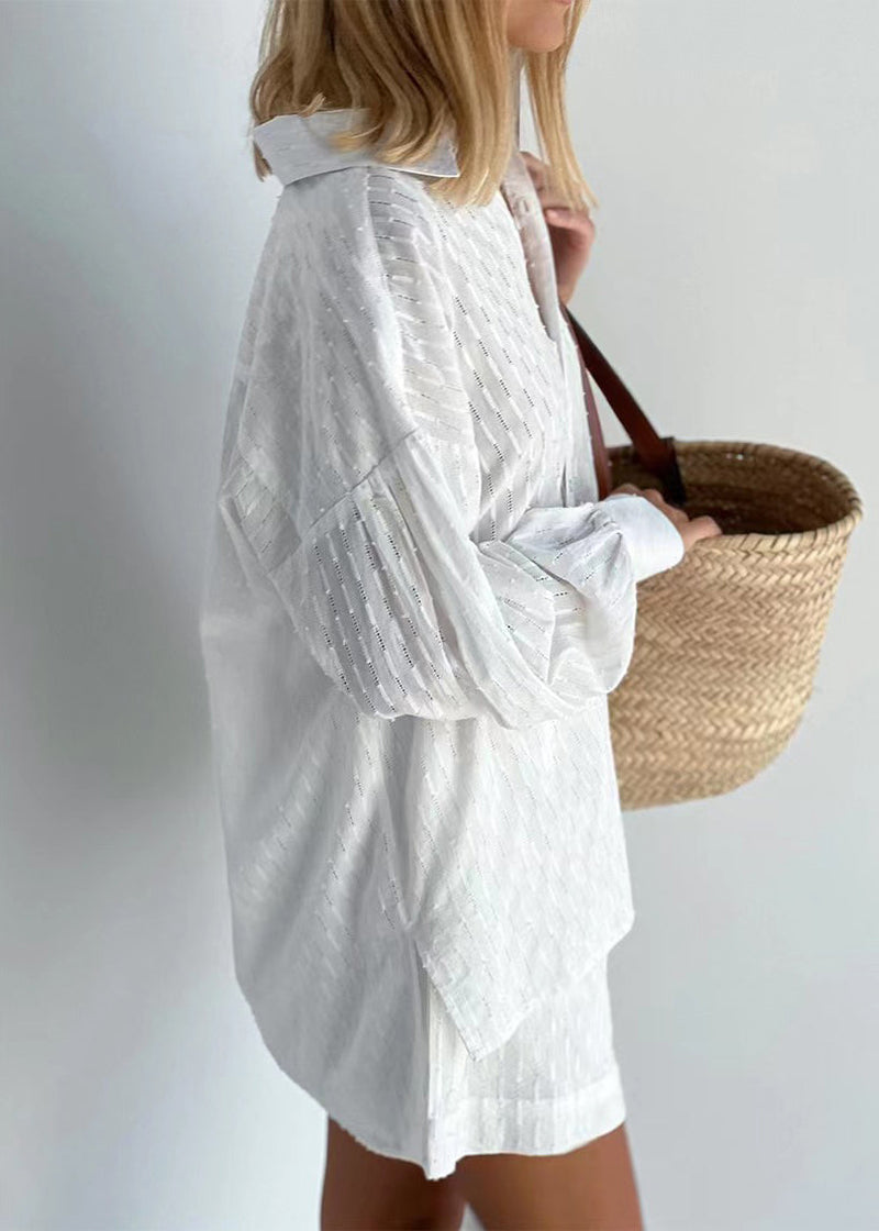 Jacquard White Peter Pan Collar Button Cotton Shirt and Shorts Two Piece Set Summer