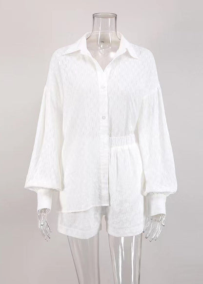 Jacquard White Peter Pan Collar Button Cotton Shirt and Shorts Two Piece Set Summer