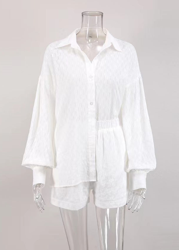 Jacquard White Peter Pan Collar Button Cotton Shirt and Shorts Two Piece Set Summer