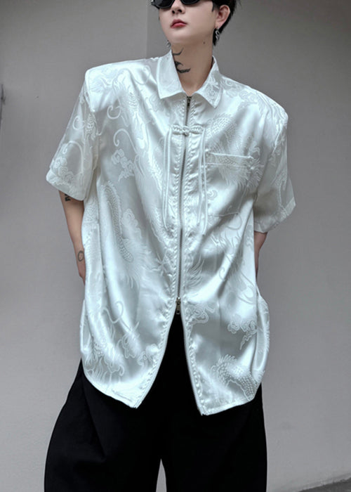 Jacquard White Peter Pan Collar Button Silk Shirts Summer