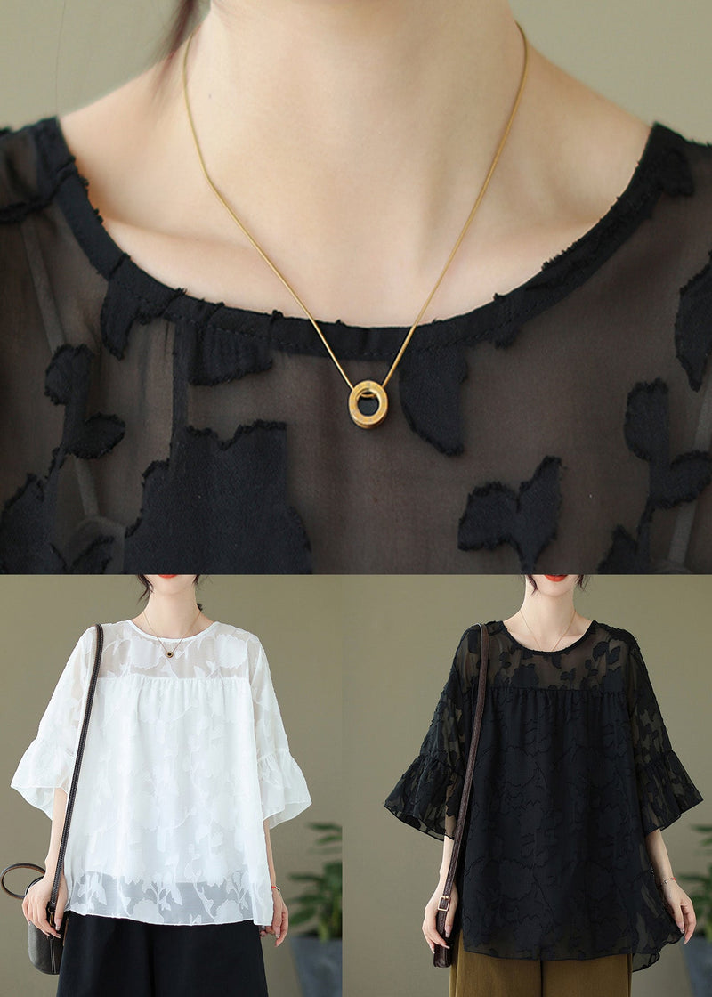 Jacquard White Embroidery Tulle Top Flare Sleeve
