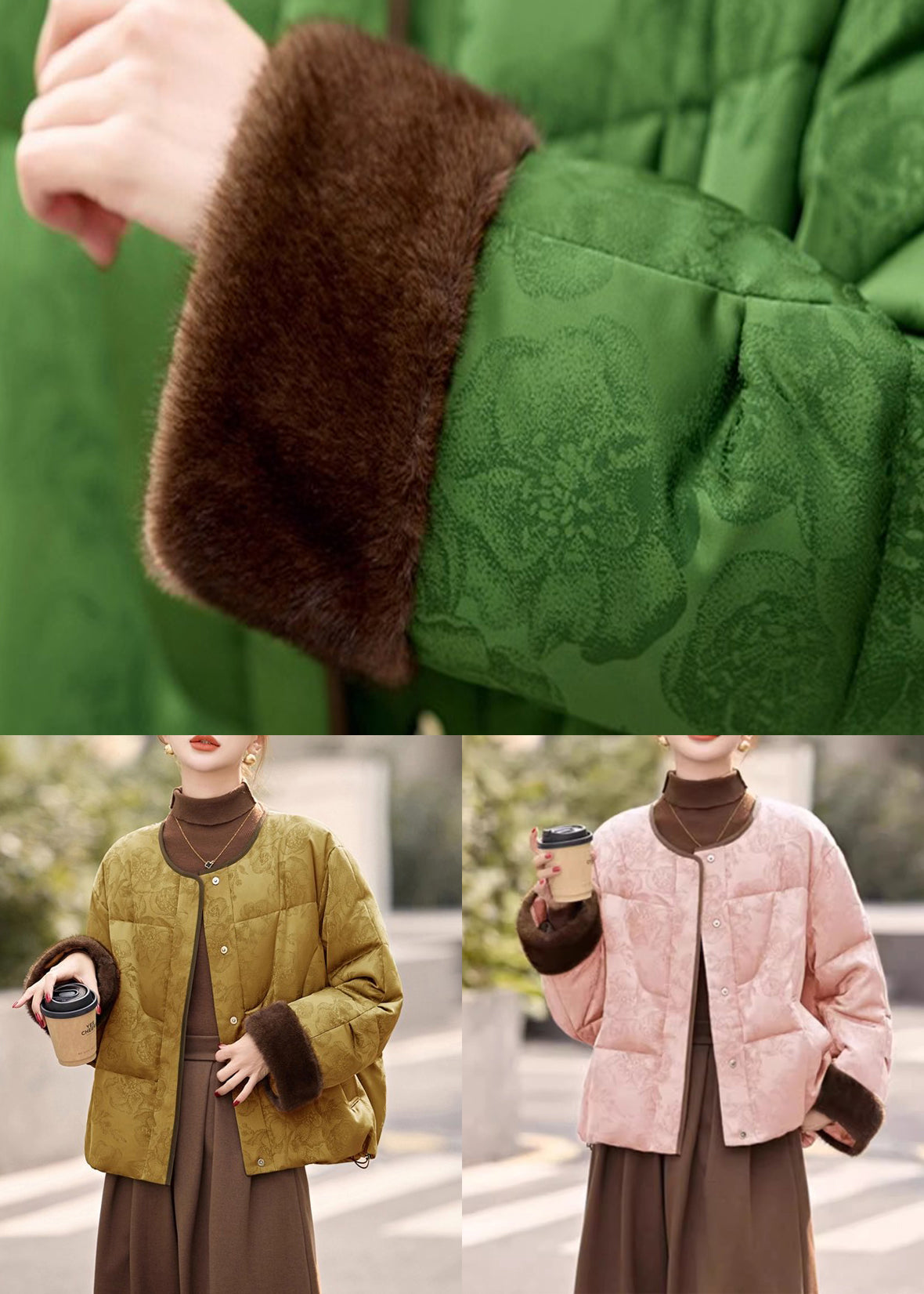 Jacquard Yellow Button Pockets Drawstring Down Coat