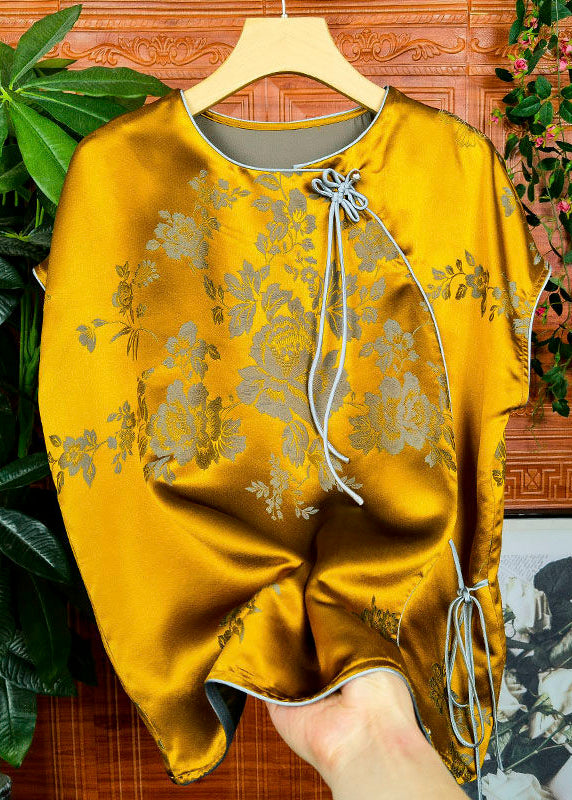 Jacquard Yellow O-neck Lace Up Patchwork Silk Tops Summer