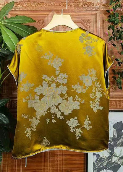 Jacquard Yellow O-neck Lace Up Patchwork Silk Tops Summer