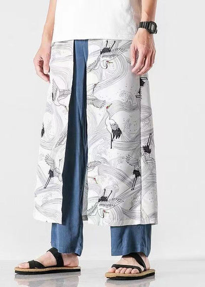 Japanese Peacock Blue Oriental Print Cotton Pants Summer
