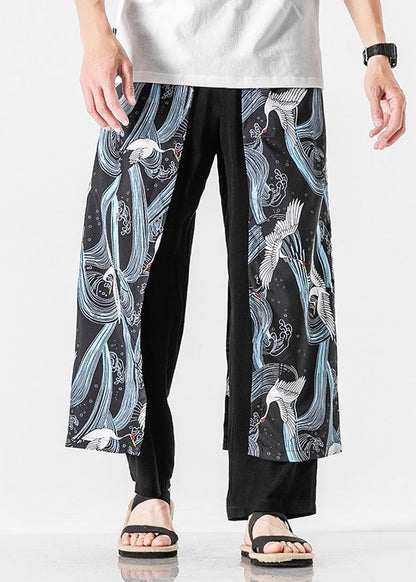 Japanese Peacock Blue Oriental Print Cotton Pants Summer