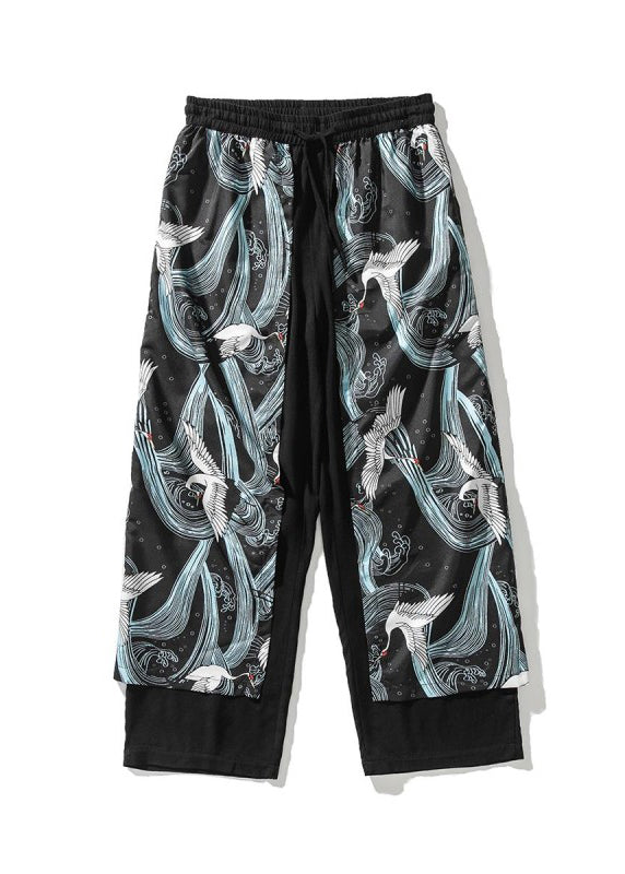 Japanese Peacock Blue Oriental Print Cotton Pants Summer