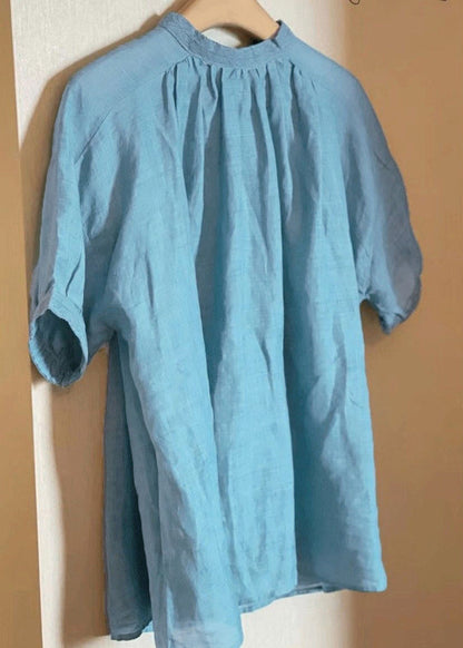 Japanese Style Blue O-neck Puff Sleeve Cotton T Shirt