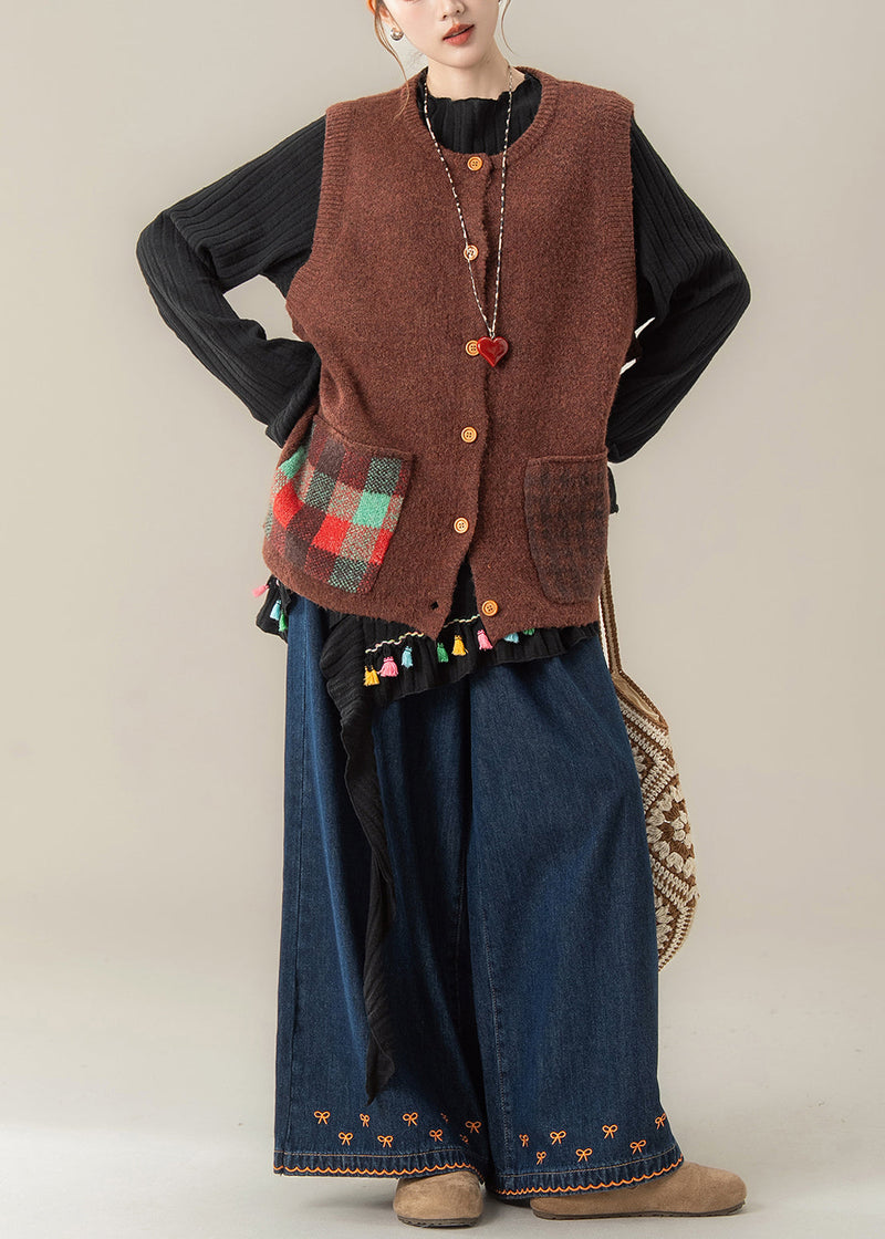 Japanese Style Coffee Knitted Vest T Shirt and Pants Three Piece Set Autumn