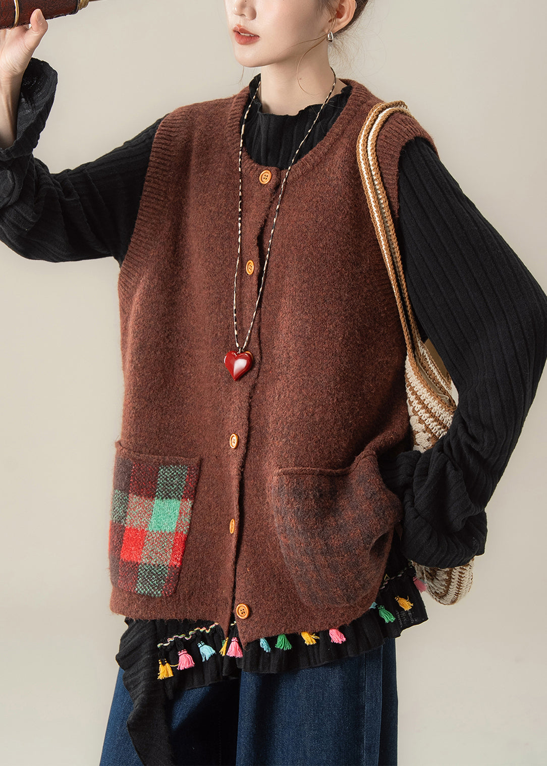 Japanese Style Coffee Knitted Vest T Shirt and Pants Three Piece Set Autumn