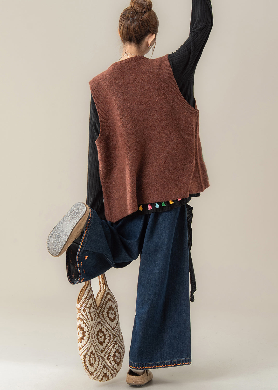 Japanese Style Coffee Knitted Vest T Shirt and Pants Three Piece Set Autumn