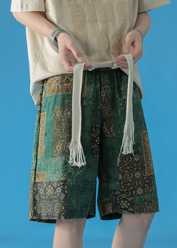 Japanese Style Green Print Beach Vacation Shorts Summer