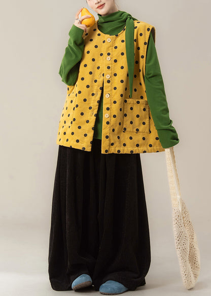 Japanese Style Yellow Dot Corduroy Vest and T Shirt Pants Set Winter