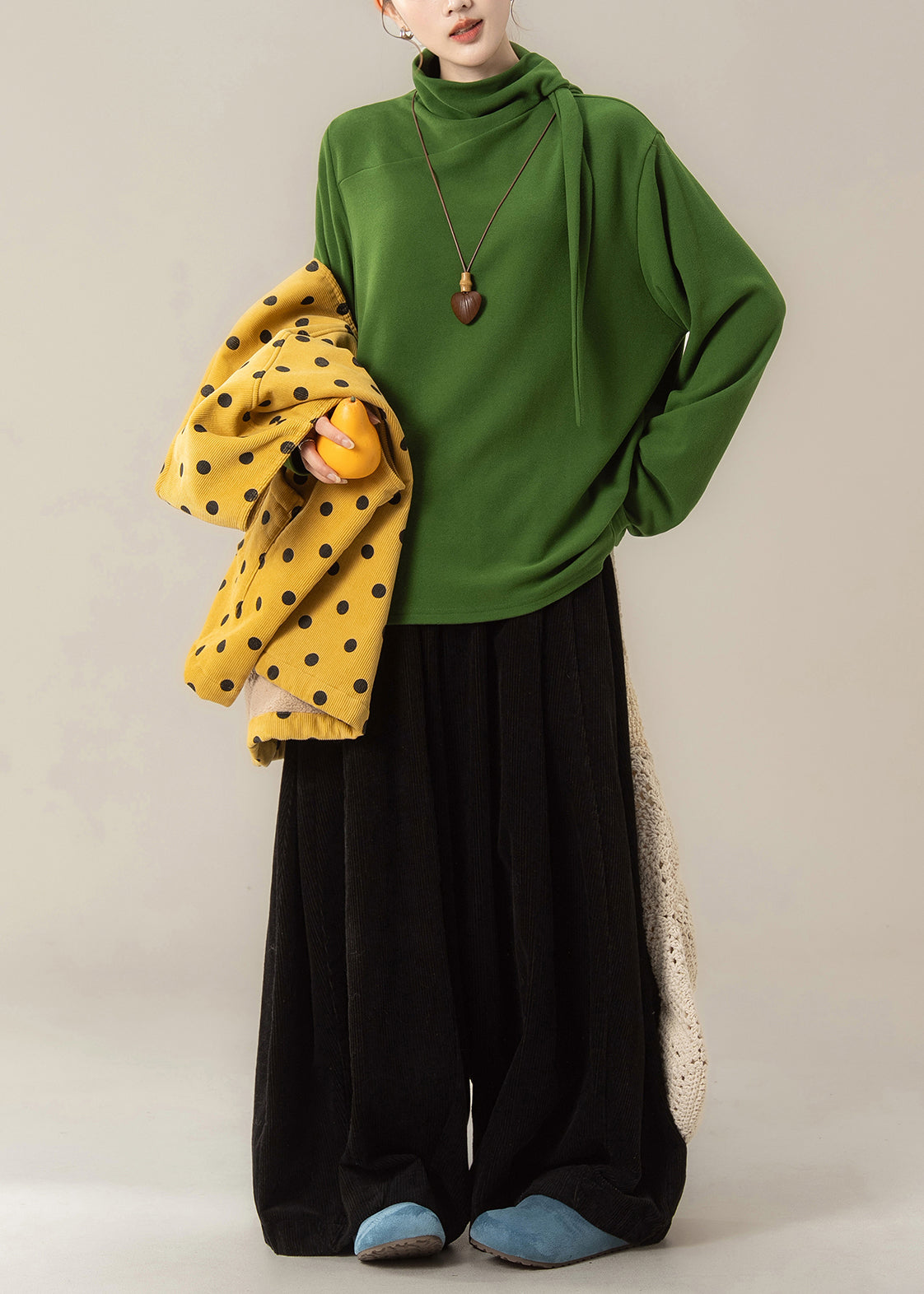 Japanese Style Yellow Dot Corduroy Vest and T Shirt Pants Set Winter