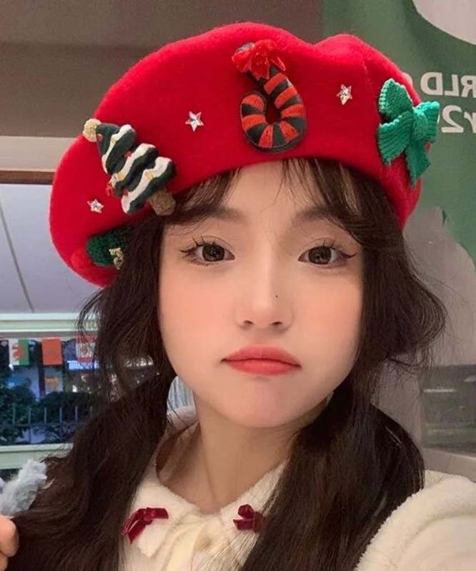 Japanese Sweet Red Wool Christmas Beret Hat