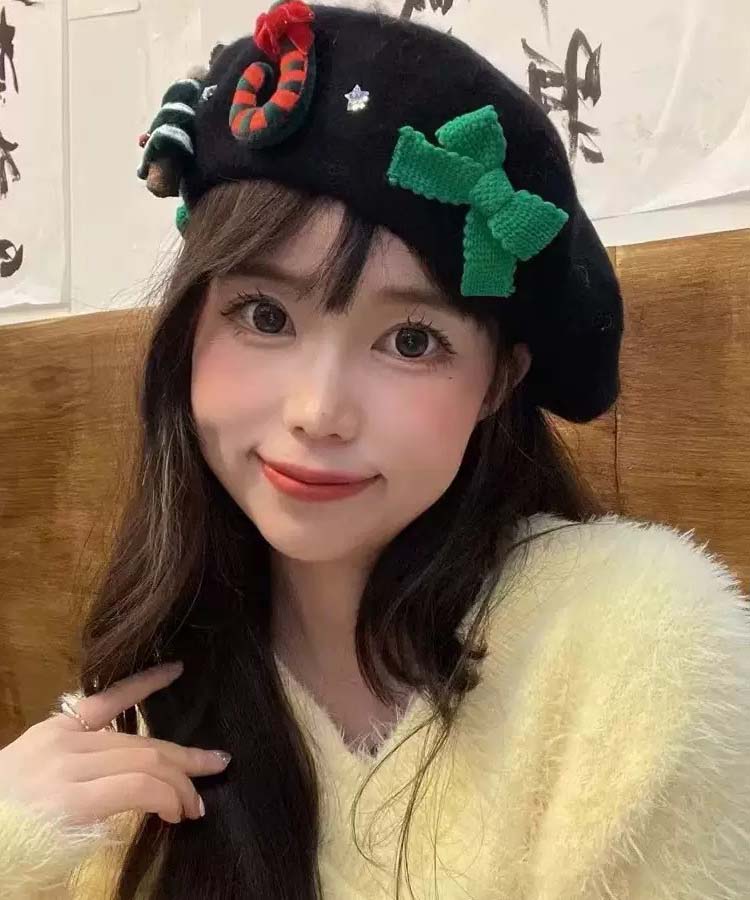 Japanese Sweet Red Wool Christmas Beret Hat