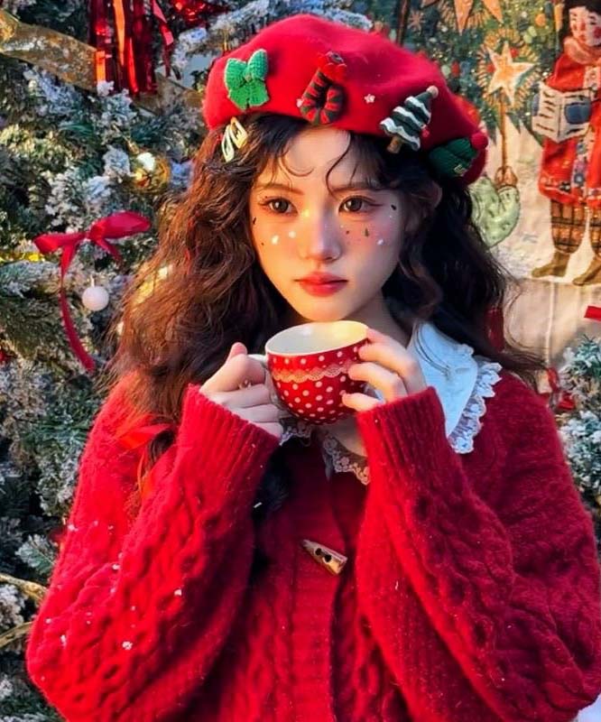 Japanese Sweet Red Wool Christmas Beret Hat