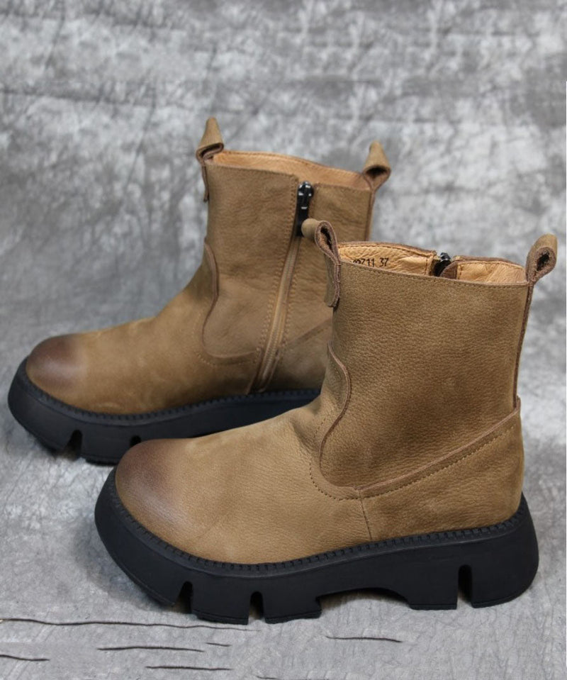 Khaki Boots Platform Zippered Cowhide Leather Boots