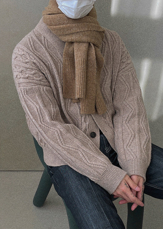 Khaki Button Cozy Silk Coat V Neck