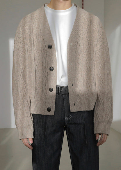Khaki Button Cozy Silk Coat V Neck