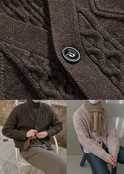 Khaki Button Cozy Silk Coat V Neck
