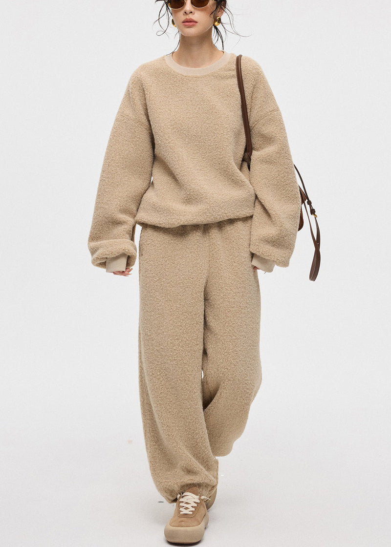 Khaki Button Scarf Sweatshirt and Pants Teddy Faux Fur Three Pieces Set O-neck