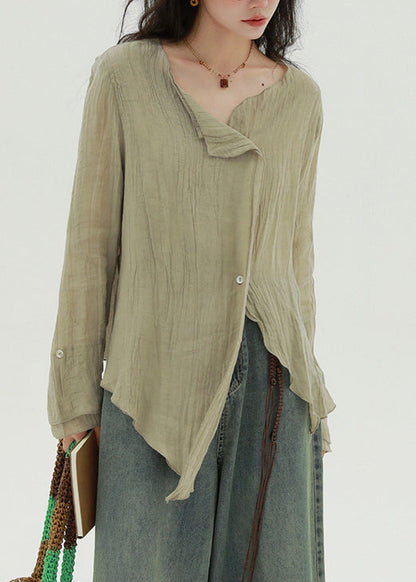 Khaki Button Solid Linen Fall Blouse Asymmetrical