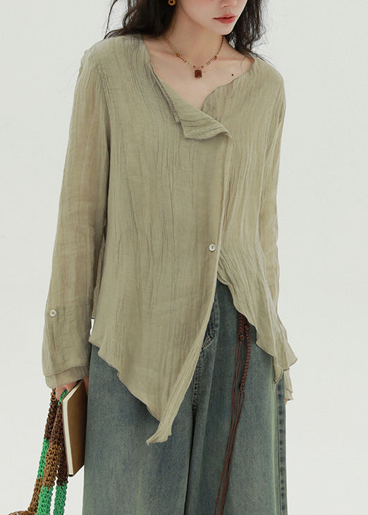 Khaki Button Linen Fall Blouse Asymmetrical