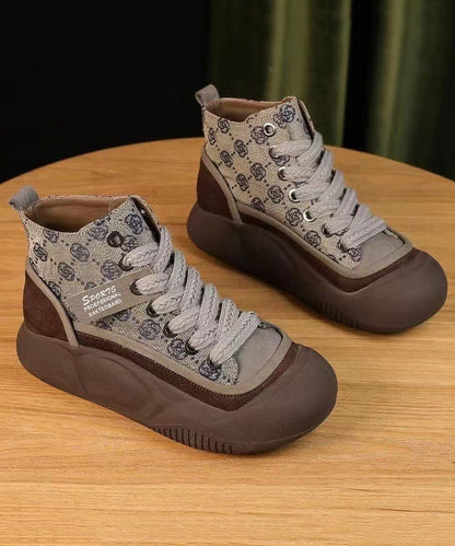 Khaki Canvas Platform Flats Shoes Cross Strap