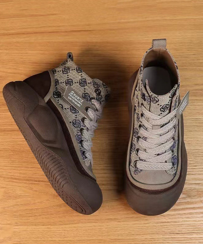 Khaki Canvas Platform Flats Shoes Cross Strap