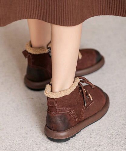 Khaki Cowhide Leather Boots Lace Up Fuzzy Wool Lined