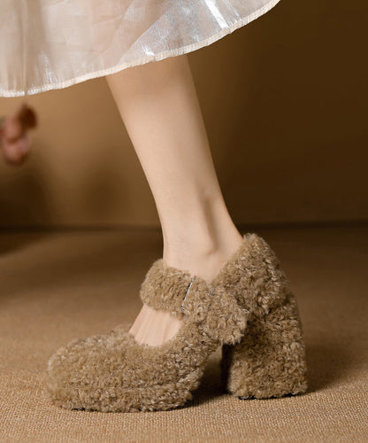 Khaki Chunky Buckle Strap Faux Fur Splicing High Heels