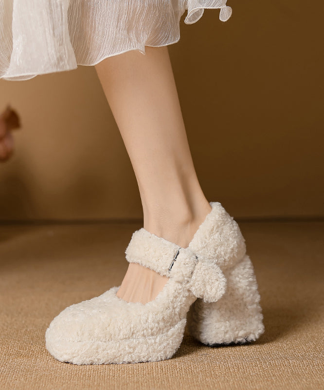 Khaki Chunky Buckle Strap Faux Fur Splicing High Heels