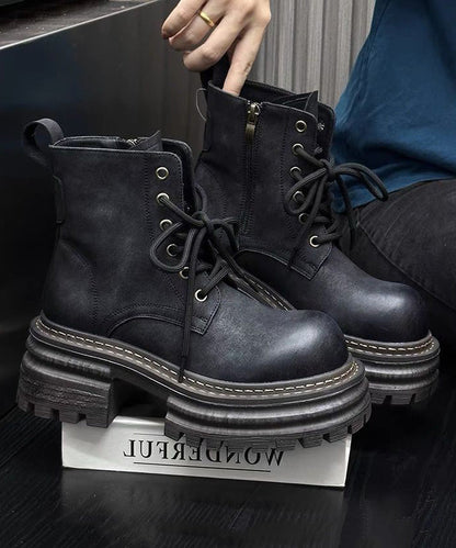 Khaki Chunky Faux Leather New Splicing Lace Up Boots