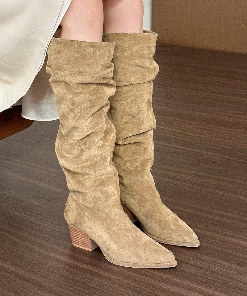 Khaki Chunky Suede Splicing Boots Pointed Toe