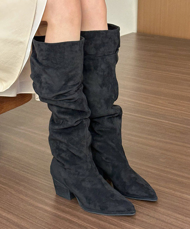 Khaki Chunky Suede Splicing Boots Pointed Toe