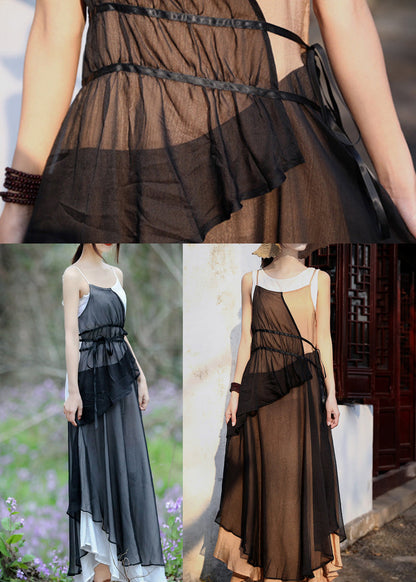 Khaki Colorblock Spaghetti Strap Long Dress Layered Asymmetrical Summer