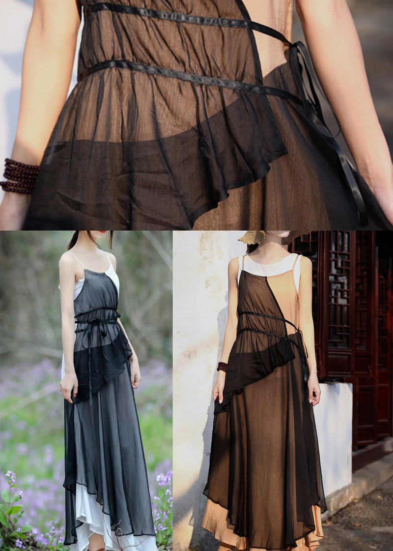 Khaki Colorblock Spaghetti Strap Long Dress Layered Asymmetrical Summer