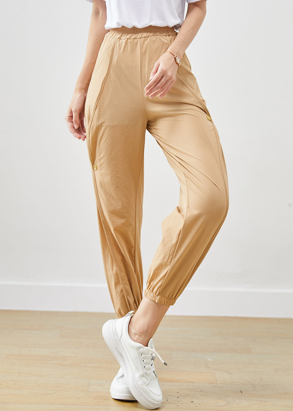 Khaki Cotton Pants Trousers Elastic Waist Pockets Fall