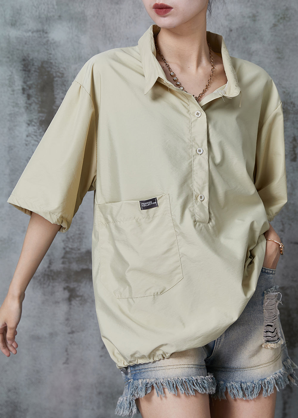 Khaki Cotton Pullover Oversized Drawstring Summer