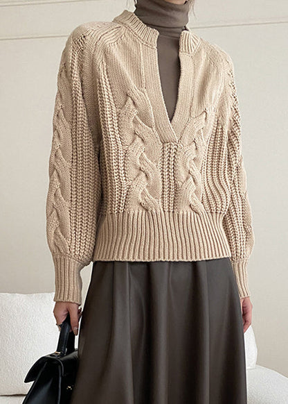 Khaki Cozy Knit Sweaters V Neck Fall
