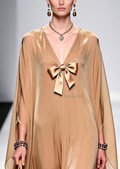 Khaki Draping Chiffon Evening Dress Bow Exra Large Hem Summer